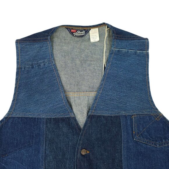 Levis Fresh Produce Patchwork Denim Vest L Buckle Back Vintage 70s Button Front - Picture 13 of 16